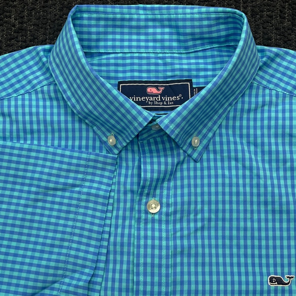 NWT Vineyard Vines Mens Large Blue Gingham Whale Shirt Short Sleeve Button Down